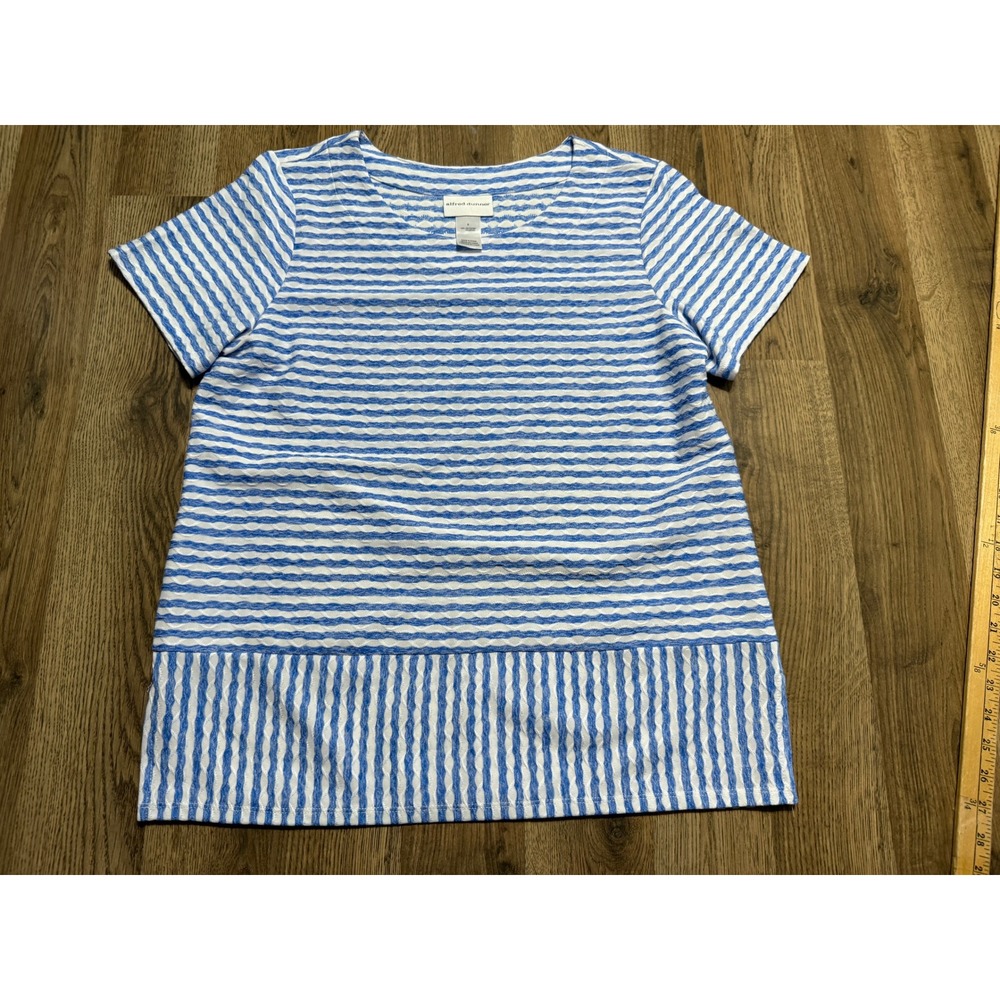 Alfred Dunner Shirt Women Size S Blue Striped Short Sleeve Textured Top
